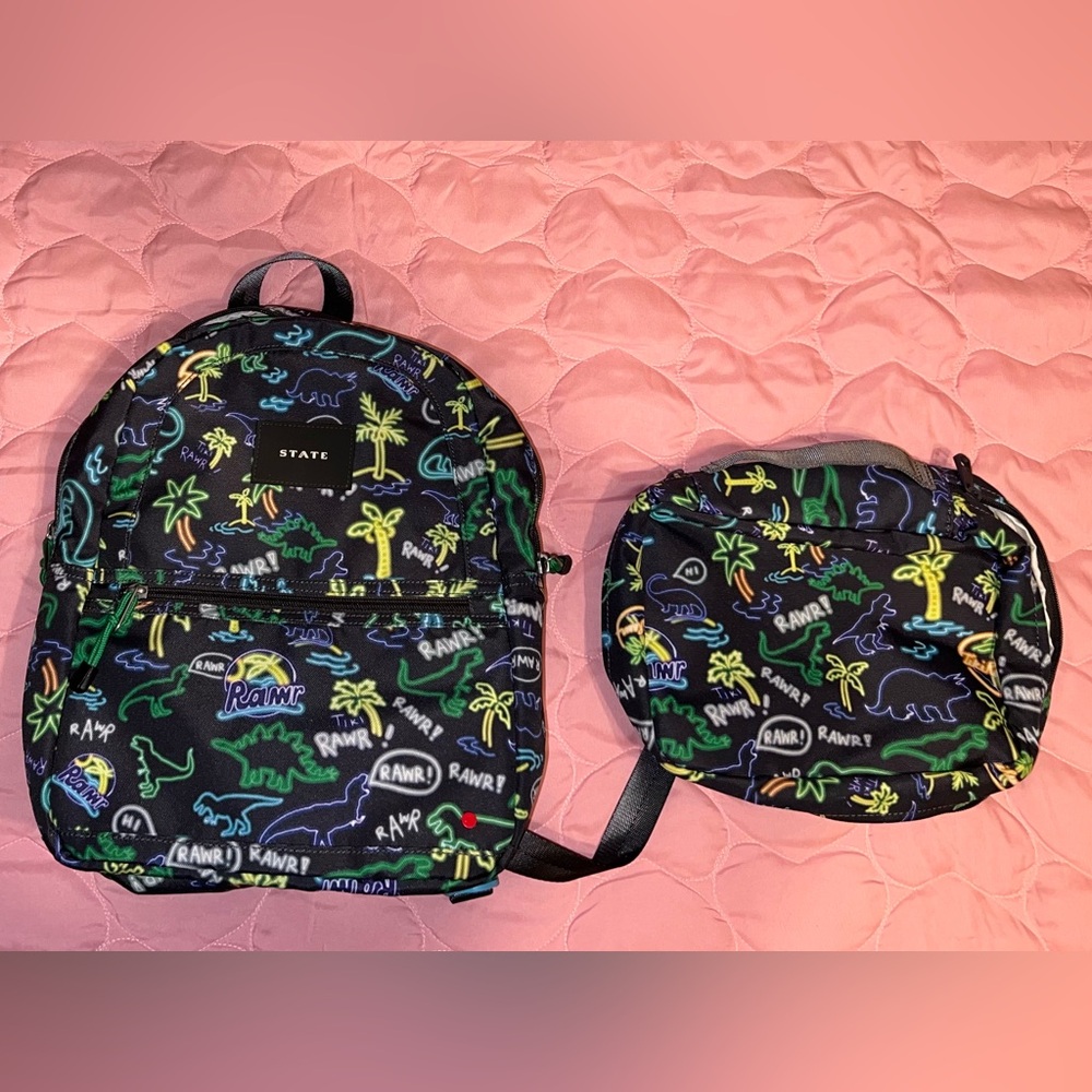 STATE Kids Kane Mini Backpack & Bensen Toiletry - Neon Dino